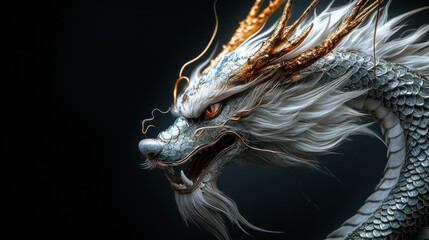 Asian dragon illustration with intricate details on a black background symbolizing power and mysticism