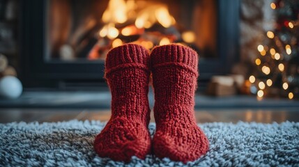 Cozy winter scene with warm red socks by the fireplace and bright burning firewood during Christmas holidays