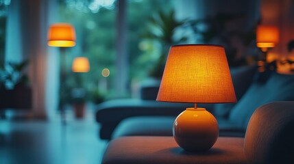 Indoor scene with warm lighting featuring lamps and faint abstract figures creating a cozy and soft ambient atmosphere