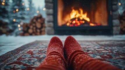 Cozy winter scene with warm red socks by the fireplace and bright burning firewood during Christmas holidays
