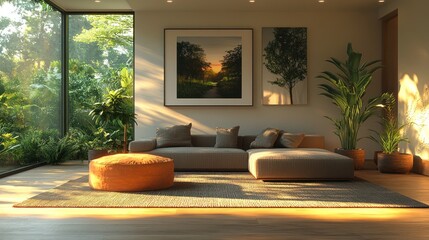 Stylish and cozy warm living room interior design with modern furniture and inviting decor in 3D rendering