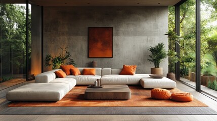 Living room interior with off white sofa and orange pillows, abstract art, warm neutral tones, natural light from large windows