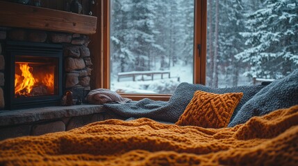 Cozy winter cabin living room with lit fireplace, warm throw blankets on sofa, wooden interior, and snowfall outside window