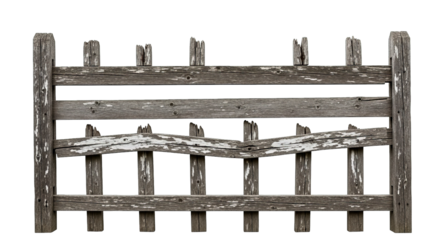 Distressed rustic wooden fence panel with weathered texture and peeling paint adds country charm.