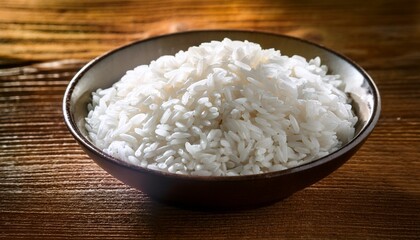 A Bowl Of White Rice On A Wooden Table