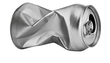 A crushed aluminum can, a symbol of waste and industrial metal presented on transparent background.