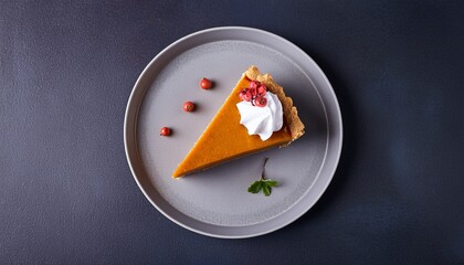 Overhead Shot Of A Slice Of Pumpkin Pie On A Gray Plate With Whipped Cream And A Berry On A Dark Background