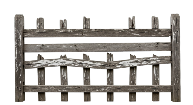 Distressed rustic wooden fence panel with weathered texture and peeling paint adds country charm.