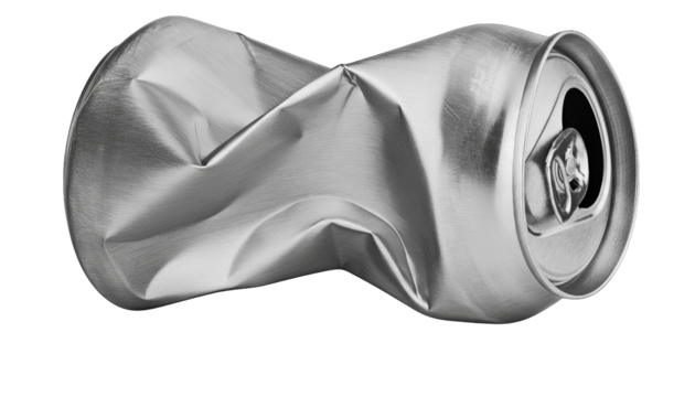 A crushed aluminum can, a symbol of waste and industrial metal presented on transparent background.