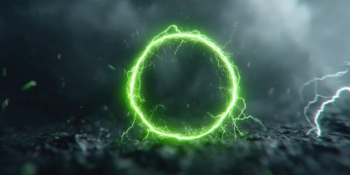 Glowing green energy portal ring with lightning on dark stormy terrain.

