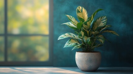 Potted plant with lush green foliage against neutral wall with soft golden bokeh creating a peaceful cozy contemporary interior ambiance
