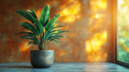 Potted plant with lush green foliage against neutral wall with soft golden bokeh creating a peaceful cozy contemporary interior ambiance