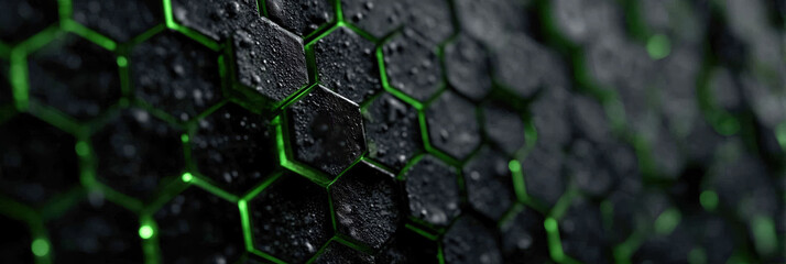 Dark hexagonal armor scales with green glowing cracks and water droplets.

