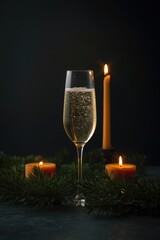 champagne and candles stand in the pine needles.