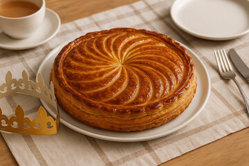 Obraz premium Galette des rois traditionnelle à la frangipane servie sur une table conviviale