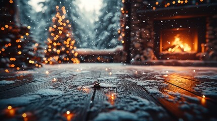 Cozy wood cabin interior with decorated Christmas fireplace and snow falling outside in forest seamless loop atmosphere