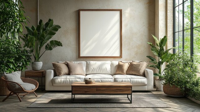 Cozy spring living room interior with mockup poster frame wooden sideboard white sofa green plants stylish lamp modern decor