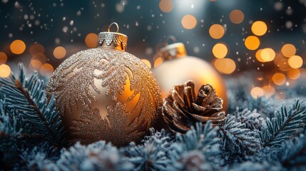 Elegant Christmas ornaments with sparkling holiday lights and festive decorations for seasonal celebration background