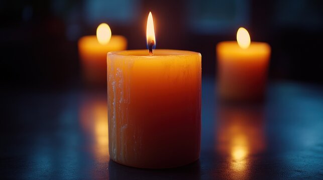 Candle flames glowing in dark room with warm light sources and soft ambient shadows creating calm spiritual atmosphere