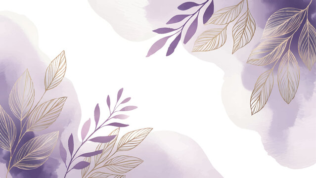 Luxurious violet botanical wedding invitation background , abstract ink splash golden leaves border