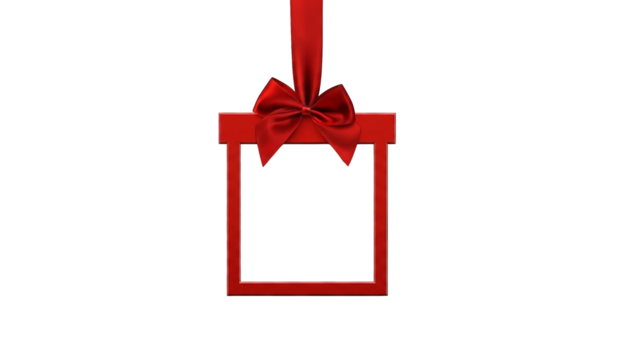 Festive red ribbon and gift box frame, on a transparent background, for greetings or celebrations.