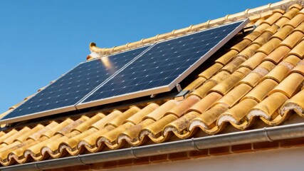 Addon solar panel tiles installed on a traditional roof capturing sunlight efficiently under clear skies. - Powered by Adobe