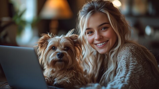 Girl smiling while using laptop and drinking coffee at home with her dog sitting nearby in a cozy setting