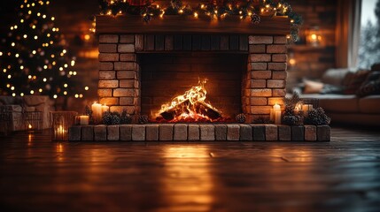 Cozy living room with glowing flames in brick hearth fireplace warm light winter home interior relaxation and holiday comfort background