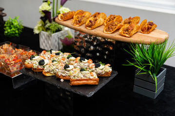Gourmet appetizers display for events. An elegant presentation of assorted gourmet appetizers, featuring tacos and open-faced sandwiches. 