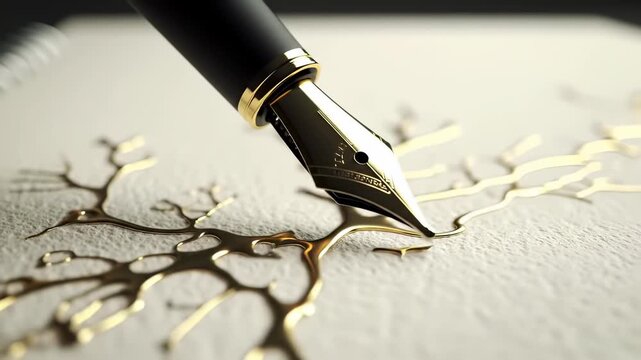 Elegant Fountain Pen Artfully Writing a Shimmering Golden Ink Intricate Pattern on Textured Notebook Paper, Highlighting Creativity, Luxury, and Meticulous Detail, No People