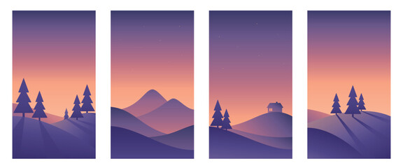 Naklejka premium Winter minimalistic dawn or sunset landscapes. Hand drawn illustrations in purple colors