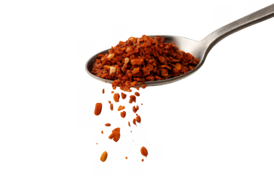 Chili flakes falling from a spoon, adding spice, heat, and seasoning to a recipe, transparent background