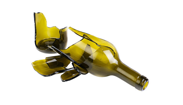 A shattered green glass bottle lies fragmented, symbolizing fragility and potential danger on
