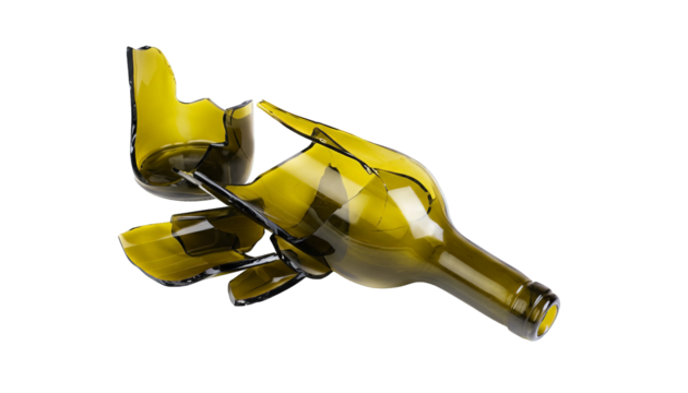 A shattered green glass bottle lies fragmented, symbolizing fragility and potential danger on