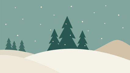Naklejka premium Minimalistic night winter landscape. Fir trees and hills hand drawn vector illustration