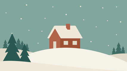 Naklejka premium Minimalistic night winter landscape. House and hills hand drawn vector illustration