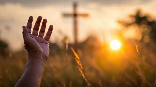 A person raises their hand in worship as the sun sets behind a wooden cross. The peaceful scene highlights faith and the beauty of nature.