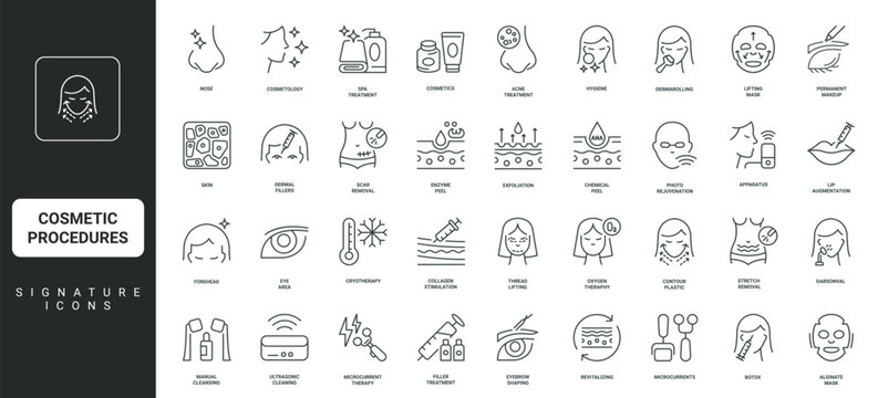 Botox and dermal fillers, contour plastics, photo rejuvenation thin black and red outline symbols vector illustration Cosmetic procedures, cosmetology and skincare, aesthetic treatment line icon set.