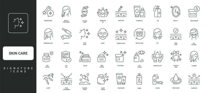Skincare procedures and hygiene, day and night cream, serum thin black and red outline symbols vector illustration Beauty treatment and care for healthy skin, dermatology, cosmetology line icon set.