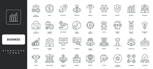 Boss and employees, profitability and quality control thin black and red outline symbols vector illustration Business, corporate company development, organization and market strategy line icon set.