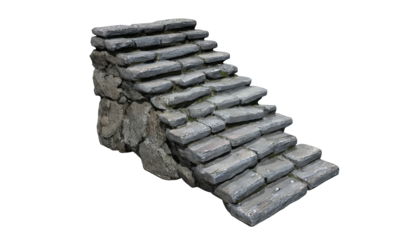 Stone steps ascend with aged texture and moss, showcasing solid construction with subtle lighting.