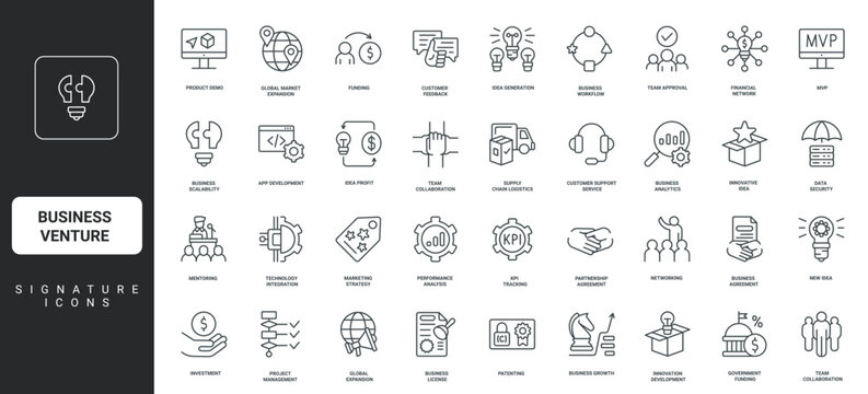 Modern business venture branding and websites, presentations, concepts growth teamwork, analytics, innovation, investment, startup, cover icons signature isolated vector illustration
