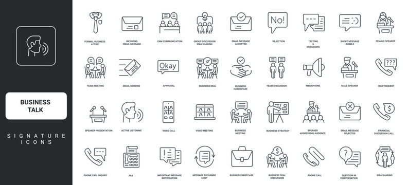 Business talk signature corporate and professional for concepts presentation and teamwork, phone, email, meetings, communication, featuring set icons use vector illustration