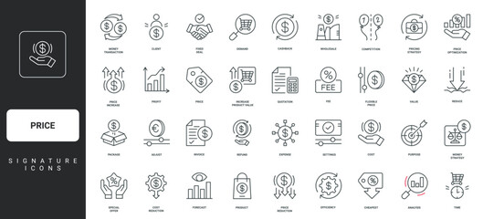 Fototapeta premium Increase and decrease, optimization of price, competition thin black and red outline symbols vector illustration Price and discount, cost reduction, profit growth financial strategy line icon set.