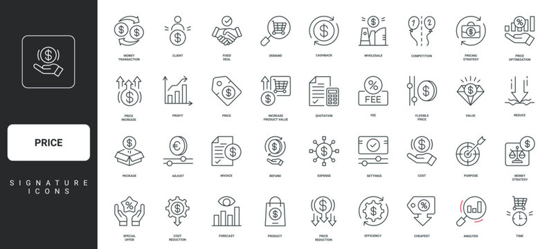 Increase and decrease, optimization of price, competition thin black and red outline symbols vector illustration Price and discount, cost reduction, profit growth financial strategy line icon set.
