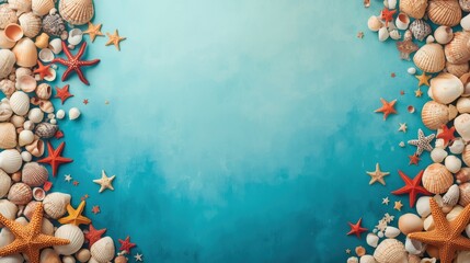a blue background depicting the seabed with shells and starfish.