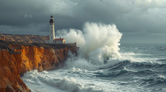 The lighthouse stands on a rock against which large waves crash.