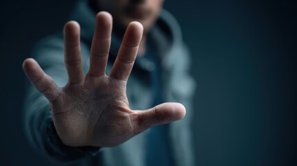 Man raising hand in stop gesture against dark background, symbolizing resistance and protest