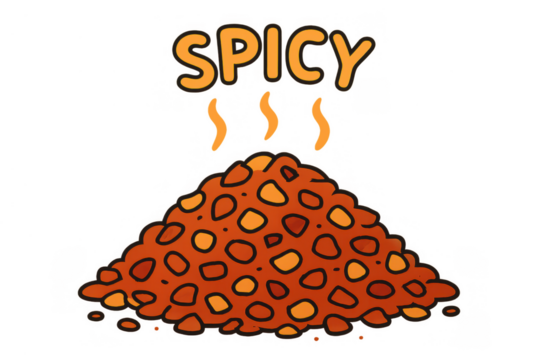 Spicy seasoning pile with cartoon spicy text and steam indicating heat, cooking ingredient illustration