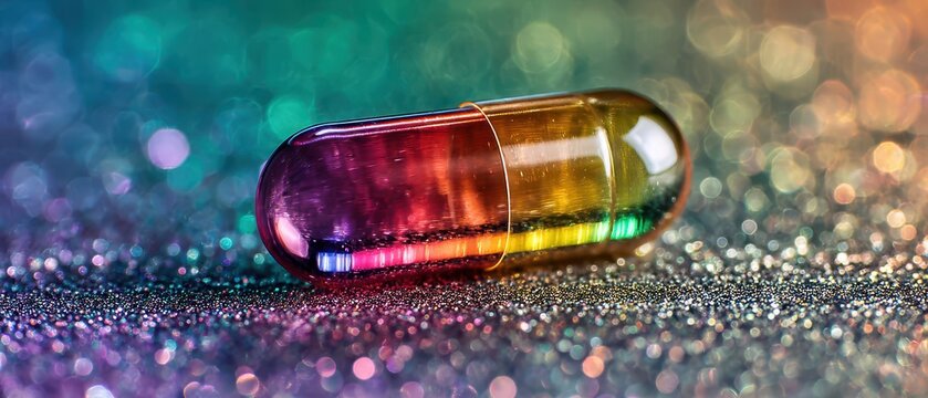 Colorful rainbow capsule on glitter surface with dreamy bokeh lights - Powered by Adobe